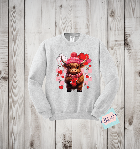 Highland Cow Love Adult Valentine's Crewneck Sweatshirt